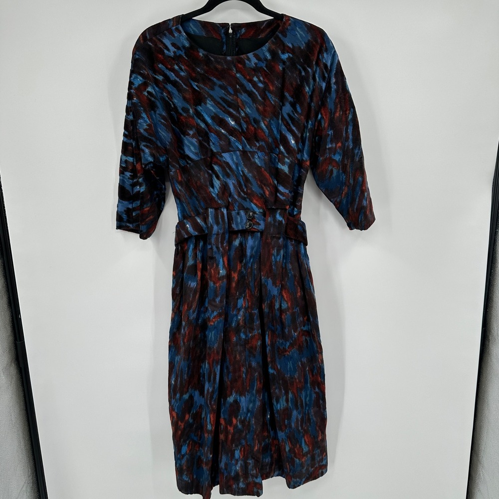 Vintage Galanos Abstract‎ Brushstroke Print Belted Dress Blue Rust 3/4 Sleeve